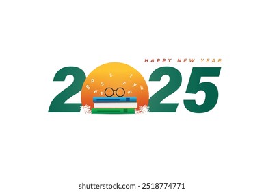 Happy new year 2025 education concept. Vector illustration of open book with alphabet letters and earth. 