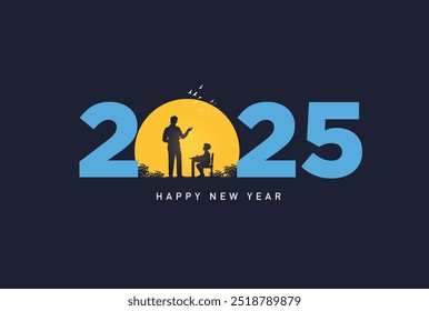 Happy new year 2025 education concept. Vector illustration of open book with alphabet letters and earth. 