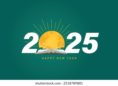 Happy new year 2025 education concept. Vector illustration of open book with alphabet letters and earth. 