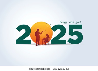 Happy new year 2025 education concept. Vector illustration of open book with alphabet letters and earth. 