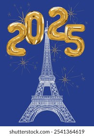 Happy New Year 2025 Eiffel Tower Golden Balloons Fireworks Midnight Blue Background Vector