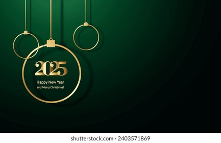 Happy New Year 2025! Elegant colors and gold lettering. New Year's Eve balls.