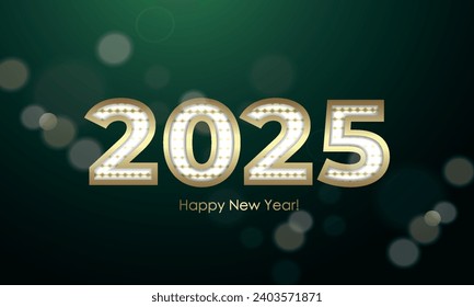 Happy New Year 2025! Elegant colors and gold lettering. New Year's Eve balls.