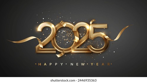 Happy New Year 2025 with elegant typography design template with gold realistic metal number. 2025 New Year celebration for premium