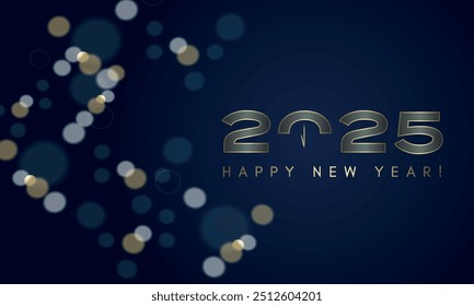 Happy New Year 2025 Elegant gold text with balloons and confetti. Realistic vector illustration