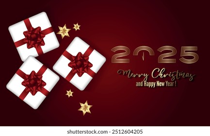 Happy New Year 2025 Elegant gold text with balloons and confetti. Realistic vector illustration