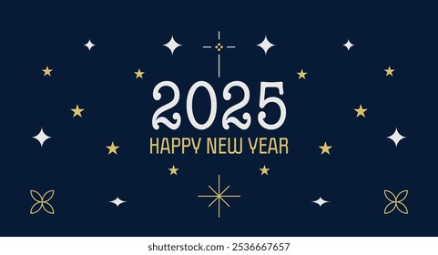 Feliz año Nuevo 2025 elegante y diseño de celebración clásico. Tarjeta de felicitación, Anuncio de Web, mensaje de fondo con estrellas y Elementos gráficos