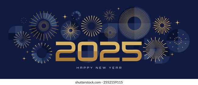 Feliz Ano Novo 2025 elegante saudação banner, cartão, capa com fogos de artifício dourados, números e padrão geométrico no fundo da noite. Modelo de design moderno