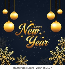 Happy New Year 2025 elegant black and gold design with glowing ornaments. Happy New Year 2025 Typography post design. Perfect for greeting cards, social media posts, and premium festive banners.