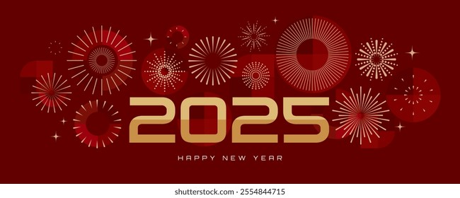 Happy New Year 2025 elegant greeting banner, card, cover with golden fireworks, numbers and geometric pattern on red background. Trendy design template