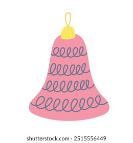 Happy New year 2025 element cute pink bell. Cartoon vector illustration isolated on white background. 