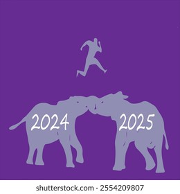  Happy new year 2025 elephant fight  Man Jump 2024 to 2025 vector  Beautiful Color design template for happy new year 2024 isolation banner, Luxury happy new year card Illustration. eps 10