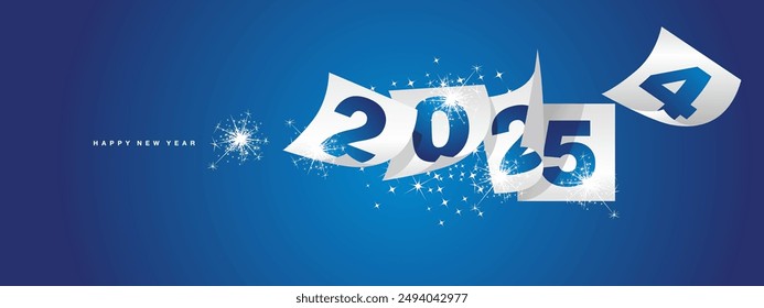 Happy new year 2025 and the end of 2024. Winter holiday greeting card design template on blue background. New year 2025 and the end of 2024 on white calendar sheets and sparkle firework