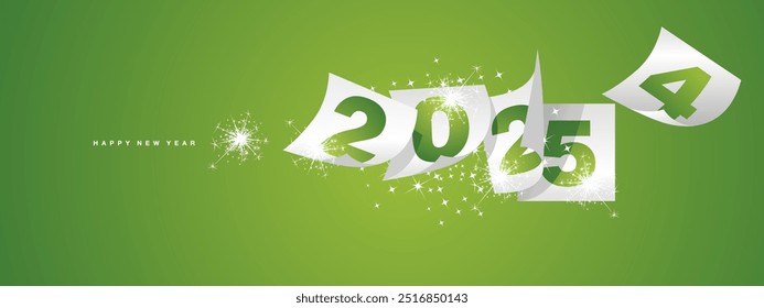 Happy new year 2025 and the end of 2024. Winter holiday greeting card design template on green background. New year 2025 and the end of 2024 on white calendar sheets sparkle firework