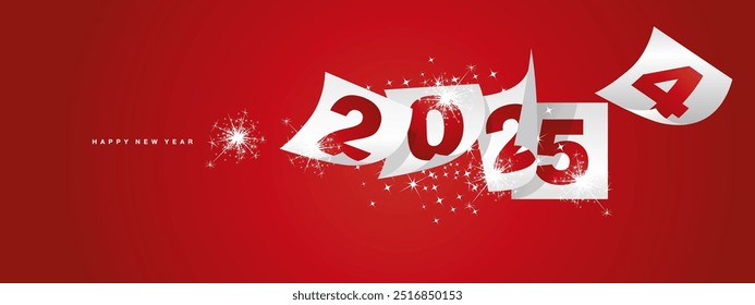 Feliz año nuevo 2025 y finales de 2024. Plantilla de diseño de tarjeta de felicitación de vacaciones de invierno sobre fondo rojo. Nuevo año 2025 y finales de 2024 en hojas de calendario blanco y fuegos artificiales brillantes.