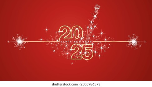 Happy New Year 2025 eve line design loading sparkle firework open champagne golden white red vector wallpaper greeting card