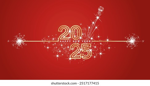 Happy New Year 2025 eve golden triple line design loading sparkle firework. 2025 with opened champagne cork, white red vector wallpaper greeting card