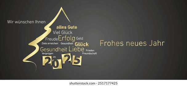 Frohes Neues Jahr 2025 Auch goldene negative Raumzahlen mit abstraktem Weihnachtsbaum Deutsche Sprache Wort Wolke schwarz Hintergrund Vektor Grußkarte. 2025 Geschenk unter dem Weihnachtsbaum