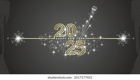 Happy New Year 2025 eve golden triple line design loading sparkle firework. 2025 with opened champagne cork, white black vector wallpaper greeting card