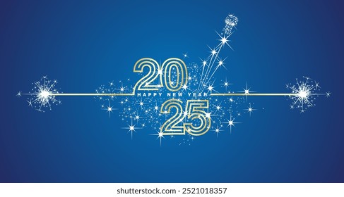 Happy New Year 2025 eve golden triple line design loading glitzern Feuerwerk. 2025 mit geöffnetem Champagner Kork, weißblaue Vektor Tapete Grußkarte