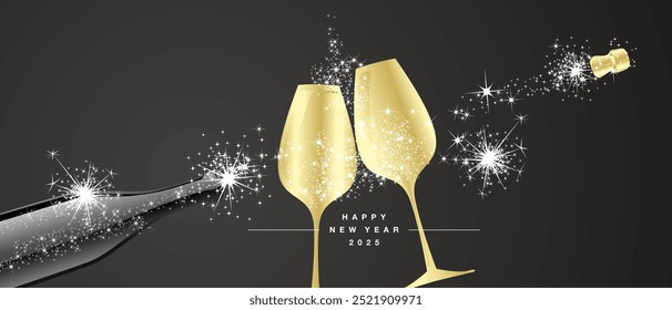 Happy New Year 2025 eve white firework shape golden glasses with sparkler firework wine open champagne bottle black background greeting card