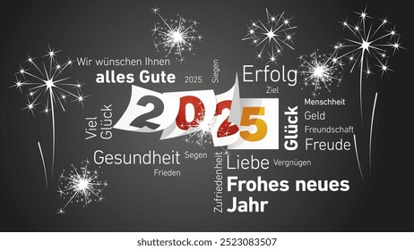 Happy New Year 2025 Eve weiß Deutsch Wort Wolke Text mit schwarz rot gelb 2025 Kalenderseiten und helles Feuerwerk schwarz Hintergrund Vektor