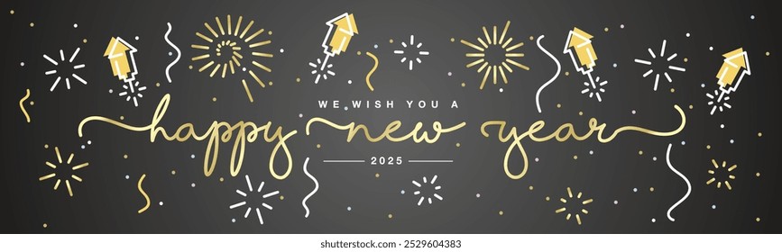 Happy new year 2025 eve line design handwritten typography lettering. 2025 celebration with big golden fireworks and confetti on a black background