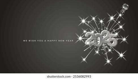 Happy New Year 2025 eve modern design with light big explosion of double stars and champagne sparkle firework. Reflection shape from white silver to black for 2025. New Year 2025 black greeting card