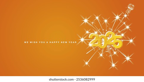 Happy New Year 2025 eve modern design with light big explosion of double stars and champagne sparkle firework. Reflection shape from White to yellow orange for 2025. New Year 2025 orange greeting card