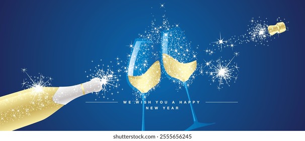 Happy New Year 2025 eve white firework shape two champagne glasses with sparkler firework, open champagne bottle, golden wine blue background greeting card