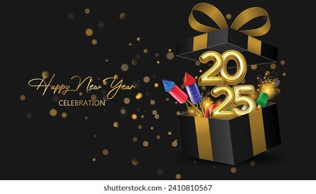 Happy new year 2025. Festive 2025 new year celebration with open gift box and 3D numbers. Trendy and modern design