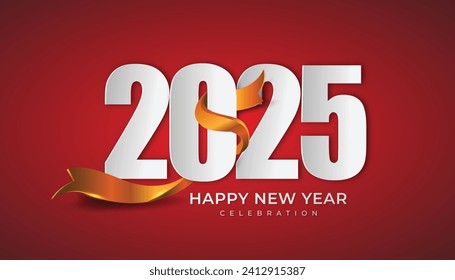 Happy New Year 2025. festive realistic decoration with gold ribbon on red background for Celebrate 2025 party, calender and poster