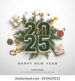 Happy New Year 2025. festive realistic decoration. Celebrate party with green number 2025 on square background