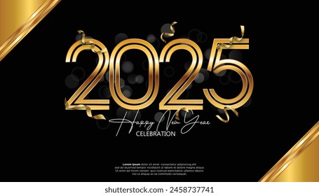Happy New Year 2025. festive realistic decoration elegant gold number for Celebrate 2025 party, calender and poster