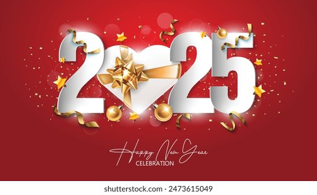 Happy New Year 2025. festive realistic decoration White number with gold confetti for Celebrate 2025 party, calender and poster