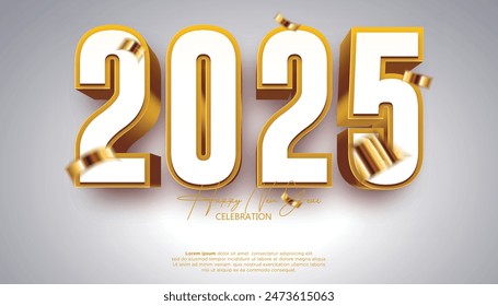 Happy New Year 2025. festive realistic decoration gold number with gold confetti for Celebrate 2025 party, calender and poster