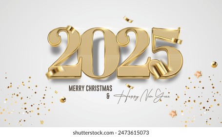 Happy New Year 2025. festive realistic decoration gold number with gold confetti for Celebrate 2025 party, calender and poster