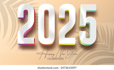 Happy New Year 2025. festive realistic decoration White and colorful number with for Celebrate 2025 party, calender and poster