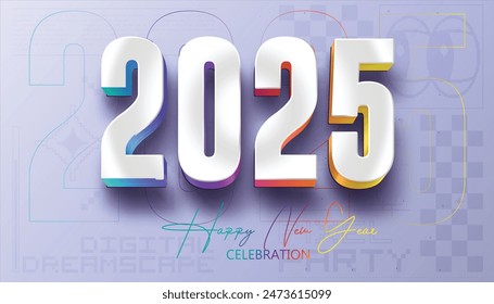 Happy New Year 2025. festive realistic decoration White and colorful number with for Celebrate 2025 party, calender and poster