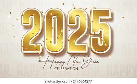 Happy New Year 2025. festive realistic decoration elegant gold number with gold confetti for Celebrate 2025 party, calender and poster