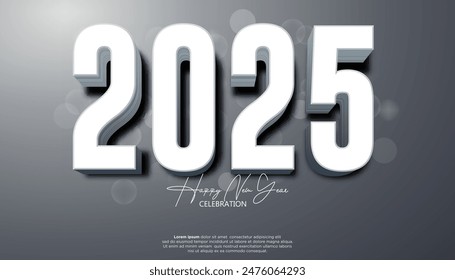 Happy New Year 2025. festive realistic decoration elegant white number for Celebrate 2025 party, calender and poster