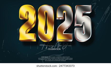 Happy New Year 2025. festive realistic Gold and silver number for Celebrate 2025 party, calender and poster