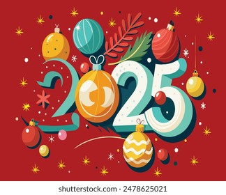 Happy New Year 2025 with festive Christmas decorations, spreading joy and cheer for the upcoming year vector. Happy New Year and Merry Christmas.