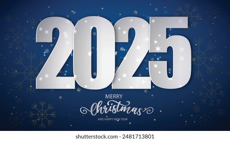 Happy New Year 2025. festive christmas decoration with white number on blue background for Celebrate 2025 party