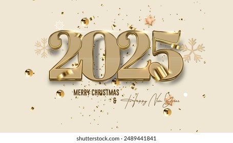 Happy New Year 2025. festive realistic decoration gold number with gold confetti for Celebrate 2025 party, calender and poster