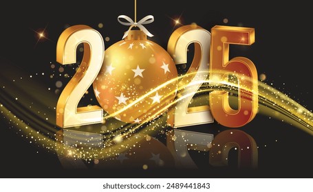 Happy new year 2025. Festive 2025 new year celebration 3D gold numbers. Trendy and modern design