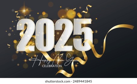 Happy New Year 2025. festive realistic decoration gold number with gold confetti for Celebrate 2025 party, calender and poster