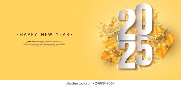 Happy New Year 2025. festive realistic decoration elegant number on yellow background for Celebrate 2025 party, calender and poster