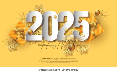 Happy New Year 2025. festive realistic decoration elegant number on yellow background for Celebrate 2025 party, calender and poster