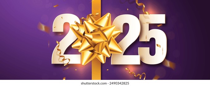 Happy New Year 2025. festive realistic decoration gold number with gold ribbon for Celebrate 2025 party, calender and poster